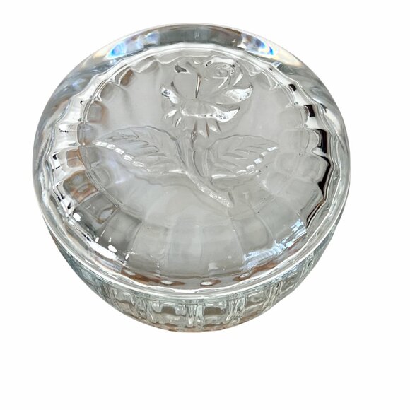 Vintage LB Italy Trinket Box Raised Rose Lid Pressed Clear Glass Vanity Jar EUC - Picture 11 of 11